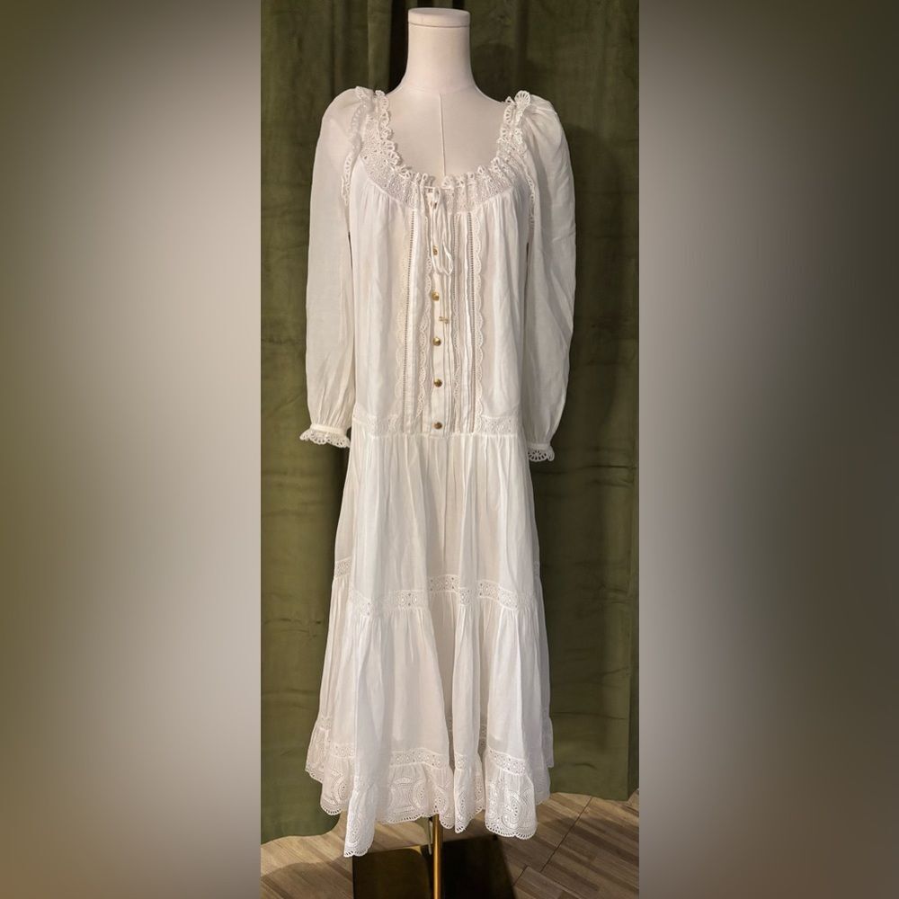 Celine White  muslin Long Sleeve Dress with Lace Accents, S